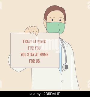 Arzt fordert Menschen zu Hause bleiben und helfen, gegen Coronavirus zu kämpfen. Covid-19 Stock Vektor