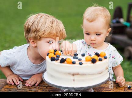 Zwei Kleinkinder mit Geburtstagskuchen im Garten im Sommer. Stockfoto