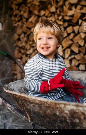 Ein Kleinkind Junge im Sommer draußen, sitzt in Schubkarre. Stockfoto