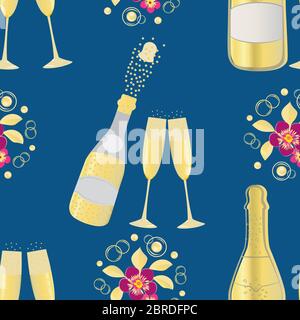 Knallen Champagner Flasche Vektor nahtlose Muster Hintergrund. Spritzig Blasen, Champagner Flöten, Gläser Gold blau Hintergrund. Eleganter Sekt Stock Vektor