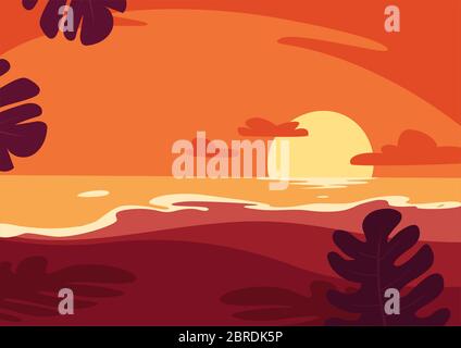 Orange Sonnenuntergang am tropischen Strand Vektor-Illustration Stock Vektor