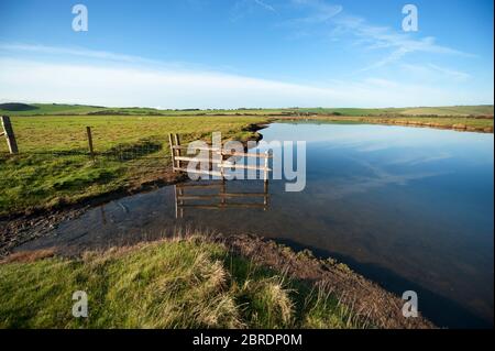 Der Fluss Cuckmere schlängelt sich sanft durch Auen in der Nähe des Meeres bei Cuckmere Haven in Sussex, England Stockfoto