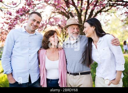 Junges Paar mit älteren Eltern zu Fuß außerhalb in der Frühlingsnatur. Stockfoto