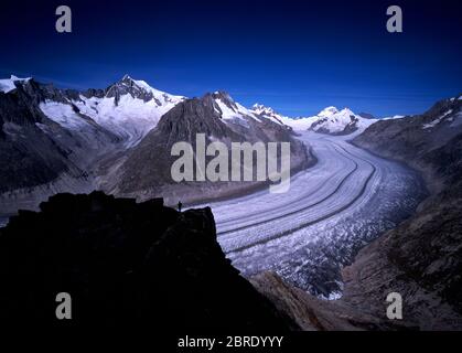 Der Aletschgletscher, der größte Gletscher der europäischen Alpen, vom Gipfel des Eggishorns im Schweizer Wallis aus gesehen. Kredit: Malcolm Park/Alamy. Stockfoto