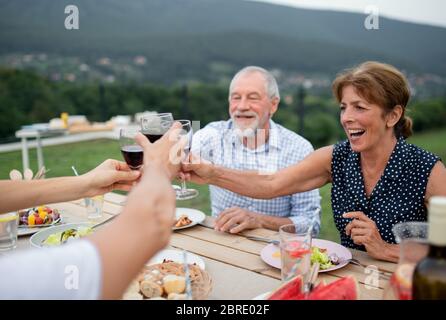 Portrait von Menschen mit Wein im Freien auf Familiengarten Grill. Stockfoto