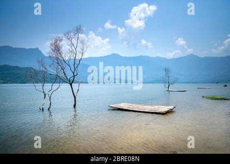 Schöne Bilder von Bambusflößen mit trockenen Bäumen auf Lap an Lagune, Hue Stadt, Vietnam Stockfoto