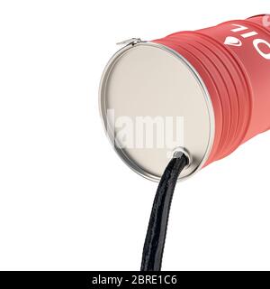 Metallfass verschüttet Öl. Isoliert auf weiß, niemand um. 3d Render. Energieressourcenkonzept, Ölfeldkrise. Stockfoto