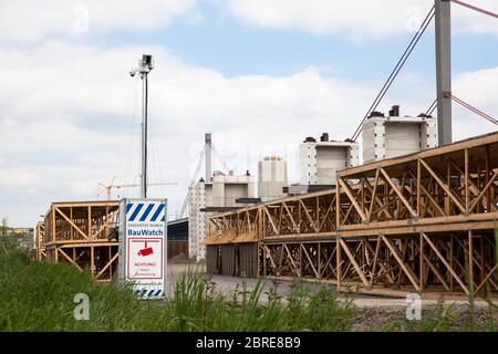 Baustelle der neuen Rheinbrücke der Autobahn A1 zwischen Köln und Leverkusen, Überwachungskamera, Köln, Deutschland. Baustelle d Stockfoto