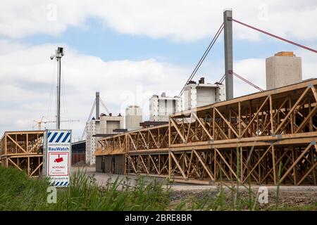 Baustelle der neuen Rheinbrücke der Autobahn A1 zwischen Köln und Leverkusen, Überwachungskamera, Köln, Deutschland. Baustelle d Stockfoto