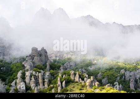 Tal der Geister des nebligen Demerdji Berges, Krim, Russland. Dieser Ort ist ein natürliches Wahrzeichen der Krim. Landschaftlich schöne Aussicht auf bizarre Felsen im Süden Stockfoto