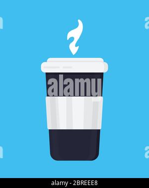 Einweg-Kaffeetasse Symbol Vektor auf dem blauen Hintergrund. Einweg-Plastikkaffeetasse mit heißem Kaffee flach Stil. Stock Vektor