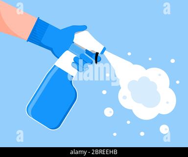 Desinfektions-Konzept Vektor für App, Web, Landing Page. Mensch in Handschuhen hält Flasche antiseptischen Spray. Handdesinfektionsmittel Flasche, antiseptische Gel sind Stock Vektor