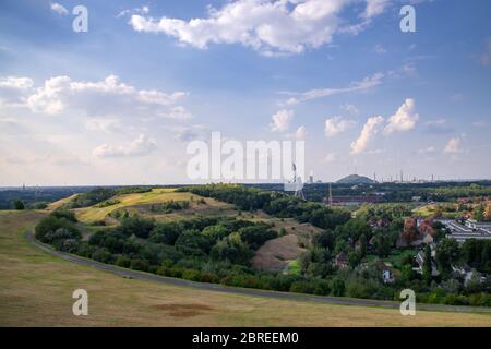 Der Blick auf das Ruhrgebiet vor Sonnenuntergang von der Rungenberghalde in Gelsenkirchen, Nordrhein-Westfalen, Deutschland Stockfoto