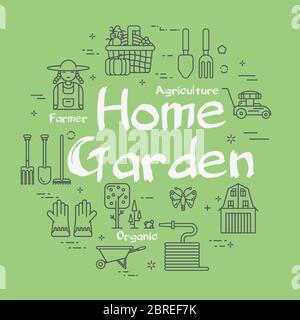Vector lineares grünes Konzept der Hauswirtschaft und Gartenarbeit Stock Vektor
