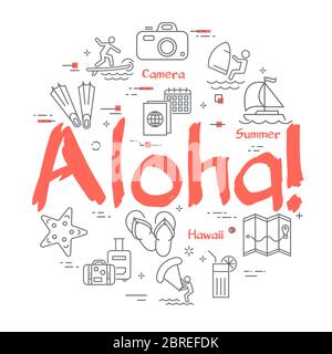 Roter Text Aloha mit linearen Symbolen für die Sommerzeit Stock Vektor