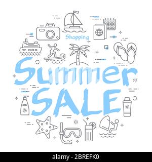 Blauer Text Sommer Sale mit linearen Sommer Zeit Symbole Stock Vektor