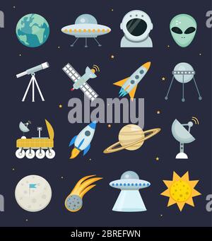 Weltraum-Symbol-Set flach Stil.Astronomische Cosmos Sammlung mit Teleskop, Mond Rover, saturn, Rakete, Astronaut, Satellit, Sonne.Vektor-Illustration Stock Vektor