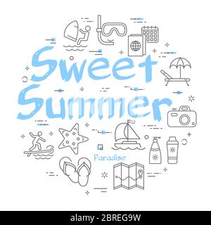 Blauer Text Sweet Summer mit linearen Symbolen für die Sommerzeit Stock Vektor