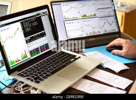 Aktienhändler arbeitet online mit Diagrammen und Diagrammen auf Monitoren. Stockfoto
