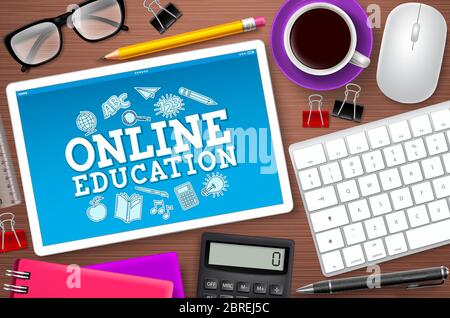 Online-Bildung e-Learning Schule Vektor-Design. Online-Text für den Bildungsbereich auf dem Computerbildschirm des Tablets mit Schulelementen und Internettools Stock Vektor