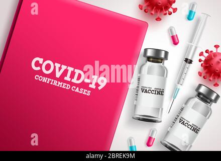 Covid-19-Banner mit Vektorgrafik für Impfstoffe. Covid-19 Coronavirus Impfflasche und Injektionswerkzeuge für bestätigte Fälle Patienten. Vektorgrafik. Stock Vektor