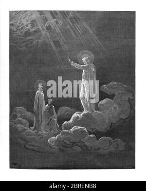 Paradiso ("Paradies" oder "Himmel") ist der dritte und letzte Teil von Dantes Göttlicher Komödie, nach dem Inferno und dem Purgatorio. Es ist eine Allegorie erzählt von Dantes Reise durch den Himmel, von Beatrice, die Theologie symbolisiert geführt. Das Paradies wird in dem Gedicht als eine Reihe konzentrischer Sphären dargestellt, die die Erde umgeben, bestehend aus Mond, Merkur, Venus, Sonne, Mars, Jupiter, Saturn, Fixsternen, Primummobil und schließlich Empyrean. Es wurde im frühen 14. Jahrhundert geschrieben. Allegorisch stellt das Gedicht den Aufstieg der Seele zu Gott dar. Aus der Göttlichen Komödie um 14. Jh. Stockfoto