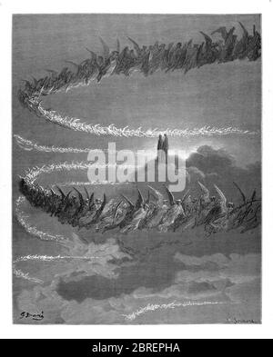 Paradiso ("Paradies" oder "Himmel") ist der dritte und letzte Teil von Dantes Göttlicher Komödie, nach dem Inferno und dem Purgatorio. Es ist eine Allegorie erzählt von Dantes Reise durch den Himmel, von Beatrice, die Theologie symbolisiert geführt. Das Paradies wird in dem Gedicht als eine Reihe konzentrischer Sphären dargestellt, die die Erde umgeben, bestehend aus Mond, Merkur, Venus, Sonne, Mars, Jupiter, Saturn, Fixsternen, Primummobil und schließlich Empyrean. Es wurde im frühen 14. Jahrhundert geschrieben. Allegorisch stellt das Gedicht den Aufstieg der Seele zu Gott dar. Aus der Göttlichen Komödie um 14. Jh. Stockfoto