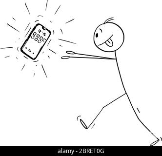 Vektor Cartoon Stick Figur Zeichnung konzeptionelle Illustration von süchtig Mann versucht, neue Handy oder Telefon oder Handy oder Smartphone zu bekommen. Stock Vektor