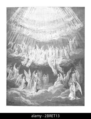 Paradiso ("Paradies" oder "Himmel") ist der dritte und letzte Teil von Dantes Göttlicher Komödie, nach dem Inferno und dem Purgatorio. Es ist eine Allegorie erzählt von Dantes Reise durch den Himmel, von Beatrice, die Theologie symbolisiert geführt. Das Paradies wird in dem Gedicht als eine Reihe konzentrischer Sphären dargestellt, die die Erde umgeben, bestehend aus Mond, Merkur, Venus, Sonne, Mars, Jupiter, Saturn, Fixsternen, Primummobil und schließlich Empyrean. Es wurde im frühen 14. Jahrhundert geschrieben. Allegorisch stellt das Gedicht den Aufstieg der Seele zu Gott dar. Aus der Göttlichen Komödie um 14. Jh. Stockfoto