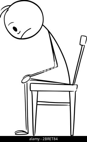 Vektor Cartoon Stick Figur Zeichnung konzeptionelle Illustration von depressiven oder traurigen Mann in Stress sitzen auf Stuhl. Stock Vektor