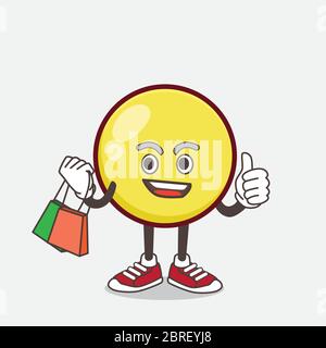 Eine Illustration von Yellow Ball Emoticon Cartoon Maskottchen Charakter winken und halten Einkaufstaschen Stock Vektor