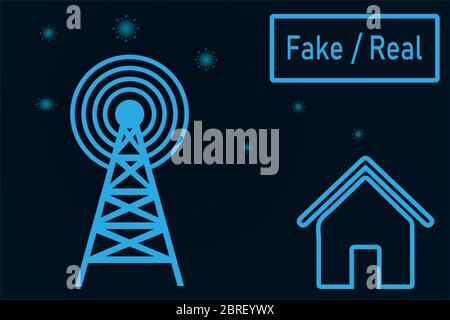 Konzeptuelle Vektordarstellung der Verbreitung von echten oder gefälschten Nachrichten über Covid-19. Tower sendet weltweit Signale aus: Informationen oder Fehlinformationen Stock Vektor