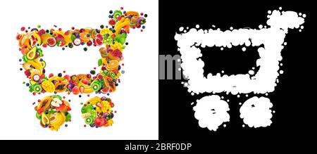 Lebensmittelwagen aus frischen fallenden Früchten und Beeren auf weißem Hintergrund mit Alpha-Kanal isoliert Stockfoto