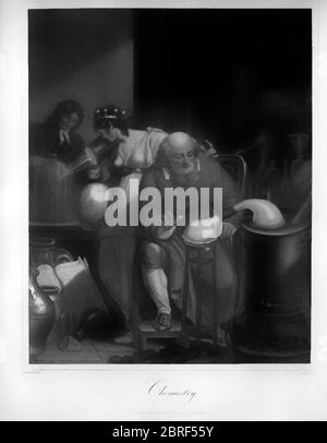 Frontispiz des 19. Jahrhunderts zur Darstellung der Chemie Kupferstich aus der Encyclopaedia Londinensis oder, Universal Wörterbuch der Künste, Wissenschaften und Literatur; Band IV; herausgegeben von Wilkes, John. Veröffentlicht in London im Jahr 1810 Stockfoto