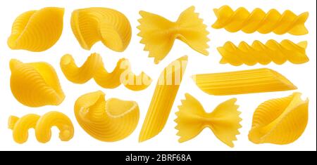 Rohe italienische Pasta, Sammlung von verschiedenen Nudelsorten auf weißem Hintergrund isoliert Stockfoto