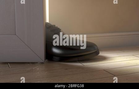 Eine realistische wörtliche Darstellung des Sprichtbildes Holen Sie sich einen Fuß in die Tür - 3D-Rendering Stockfoto