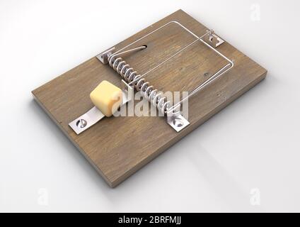 Eine normale Holz-Metall-Mausescheibe mit einem Block Käse auf einem weißen isolierten Studio-Hintergrund - 3D-Rendering Stockfoto