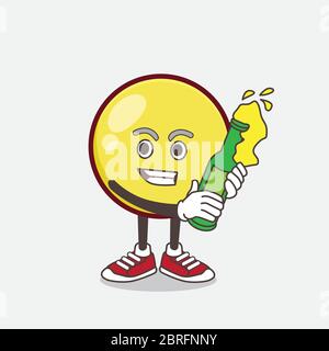 Eine Illustration von Yellow Emoticon Cartoon Maskottchen Charakter hält eine Flasche Bier Stock Vektor