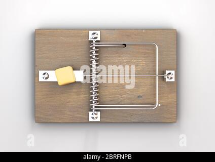 Eine normale Holz-Metall-Mausescheibe mit einem Block Käse auf einem weißen isolierten Studio-Hintergrund - 3D-Rendering Stockfoto