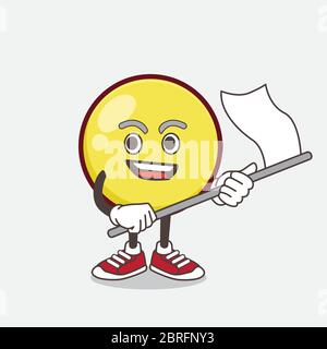 Eine Illustration von Yellow Emoticon Cartoon Maskottchen Charakter winken eine Flagge Stock Vektor