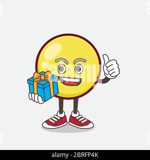 Eine Illustration von Yellow Emoticon Cartoon Maskottchen Charakter mit Geschenk Stock Vektor
