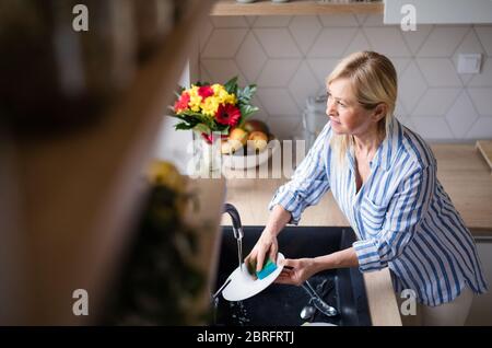 Porträt einer älteren Frau, die zuhause Geschirr waschen kann. Stockfoto