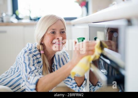 Porträt von älteren Frau Reinigung Küchenschranktüren im Haus. Stockfoto