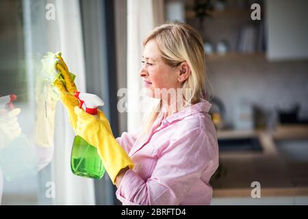 Porträt von älteren Frau putzen Fenster drinnen zu Hause. Stockfoto