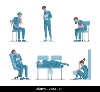 Müde traurig Mediziner Rest nach der Arbeit Vektor-Wohnung Cartoon-Illustration. Erschöpfte Ärzte und Krankenschwestern in Uniform während der Pandemie des Coronavirus Covid-19. Überholte Ärzte ruhen sich im Krankenhaus aus. Stock Vektor