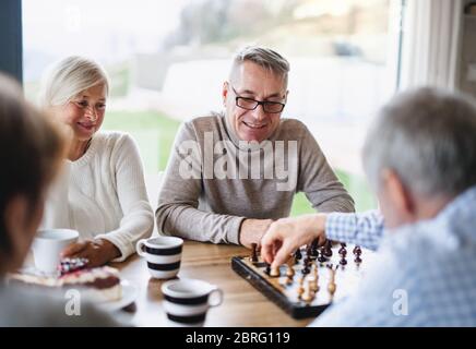 Gruppe von älteren Freunden zu Hause, Brettspiele spielen. Stockfoto