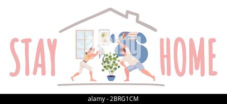 Poster Vorlage für Bleib zu Hause. Junges Paar tun Training mit ihrem Haustier Vektor flache Cartoon-Illustration. Übung Fitness und Yoga in Quarantäne während Coronavirus Ausbruch Banner Design. Stock Vektor