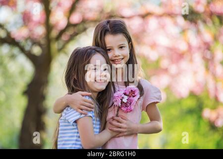 Zwei kleine Mädchen stehen draußen in der Frühlingsnatur. Kopierbereich. Stockfoto