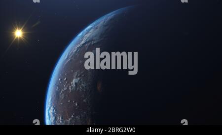 3D-Rendering des Prozesses der Terraforming Mars. Das stufenweise Auftreten der Atmosphäre und Wolken als Folge der Menschlichkeit Kolonisierung des roten p Stockfoto