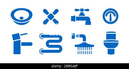 Badezimmer Sanitär Ausrüstung isoliert Symbole gesetzt. Vektorgrafiken von undichten Rohren, Heizhandtuchrohr, Wasserhahn Mischer, Ventil, WC, Waschbecken, Waschbecken Stock Vektor